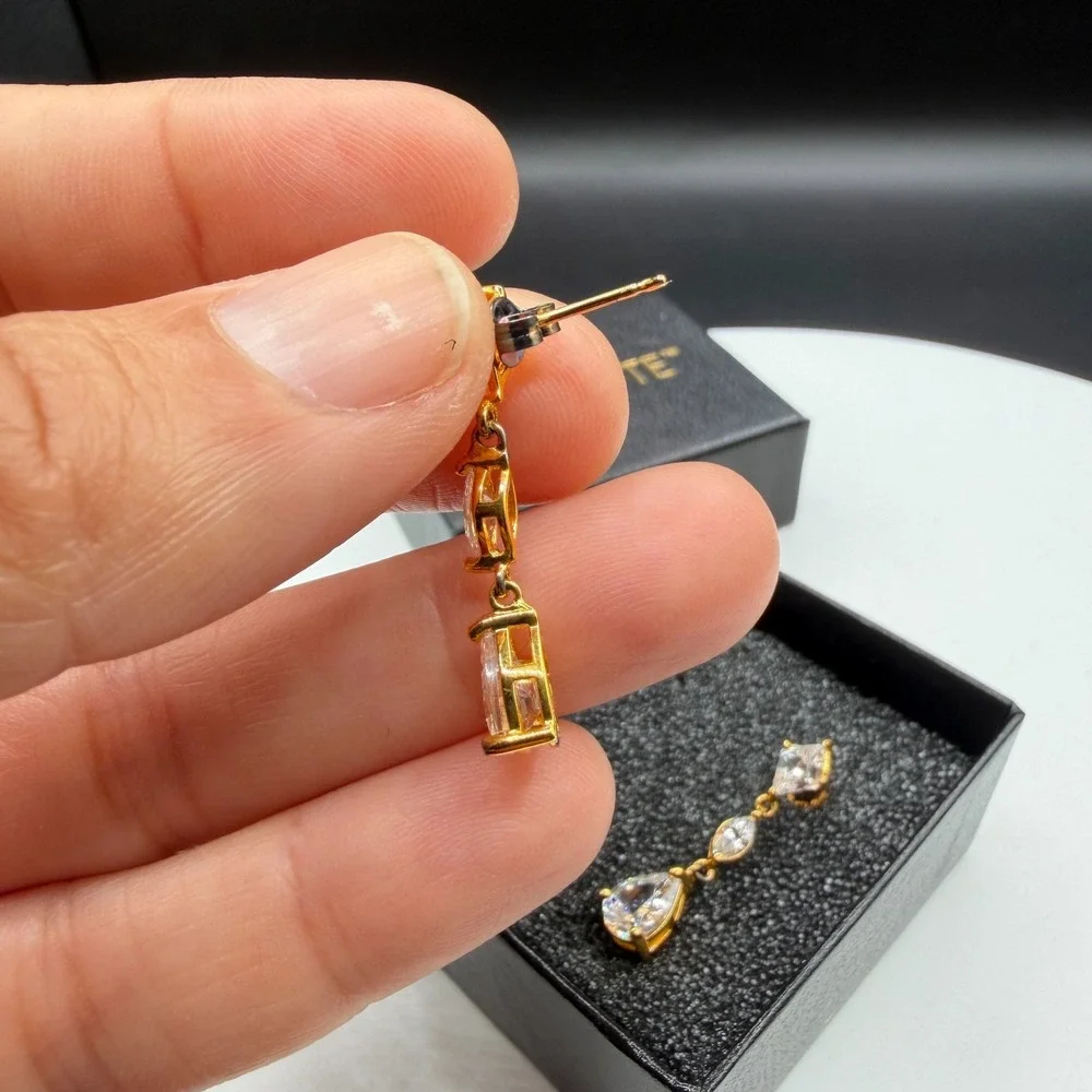Gold Tone Clear Crystal CZ Long Drop Dangle Earrings Pear Marquise Kite Pierced